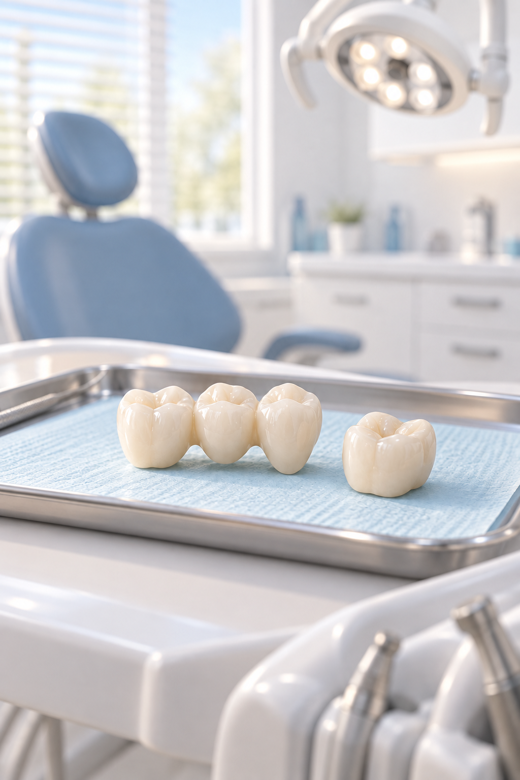 Ilustración de coronas y puente dental sobre una bandeja en un gabinete