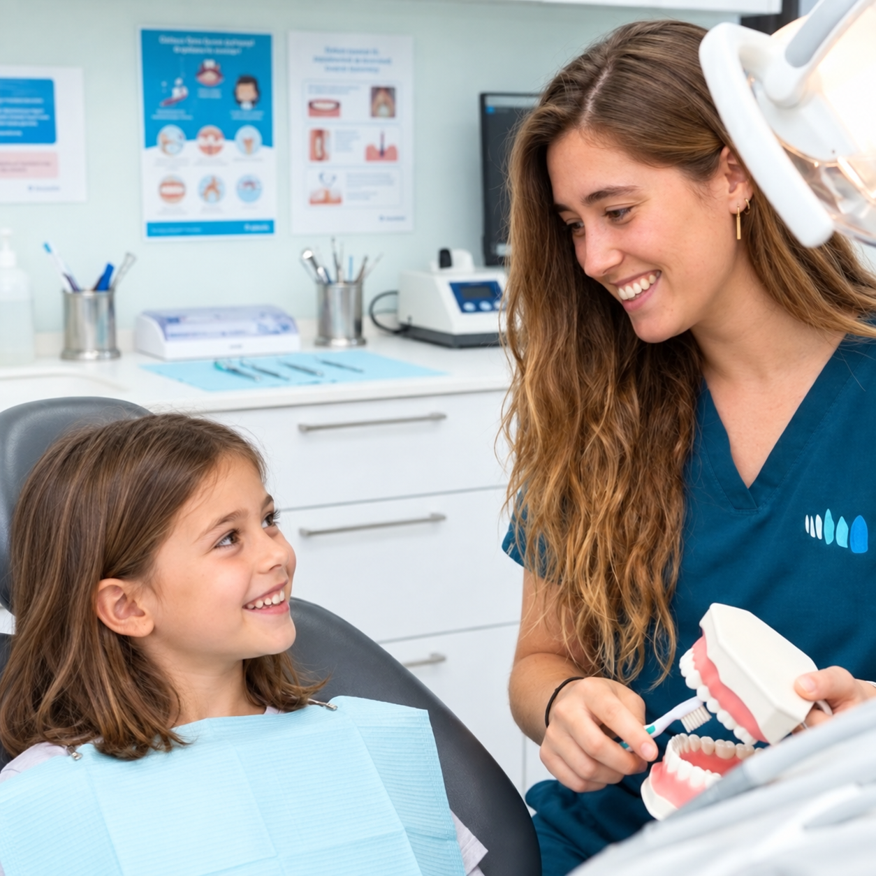 Sara Urrutia explica el cepillado a una niña con un modelo dental
